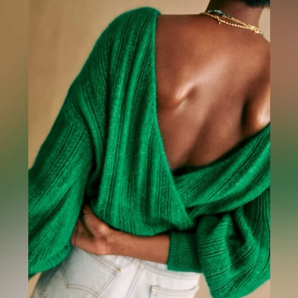 NEW Sezane Cristina Jumper Sweater Top Bright Green V-Neck Mohair Wool Knit S - Picture 2 of 6